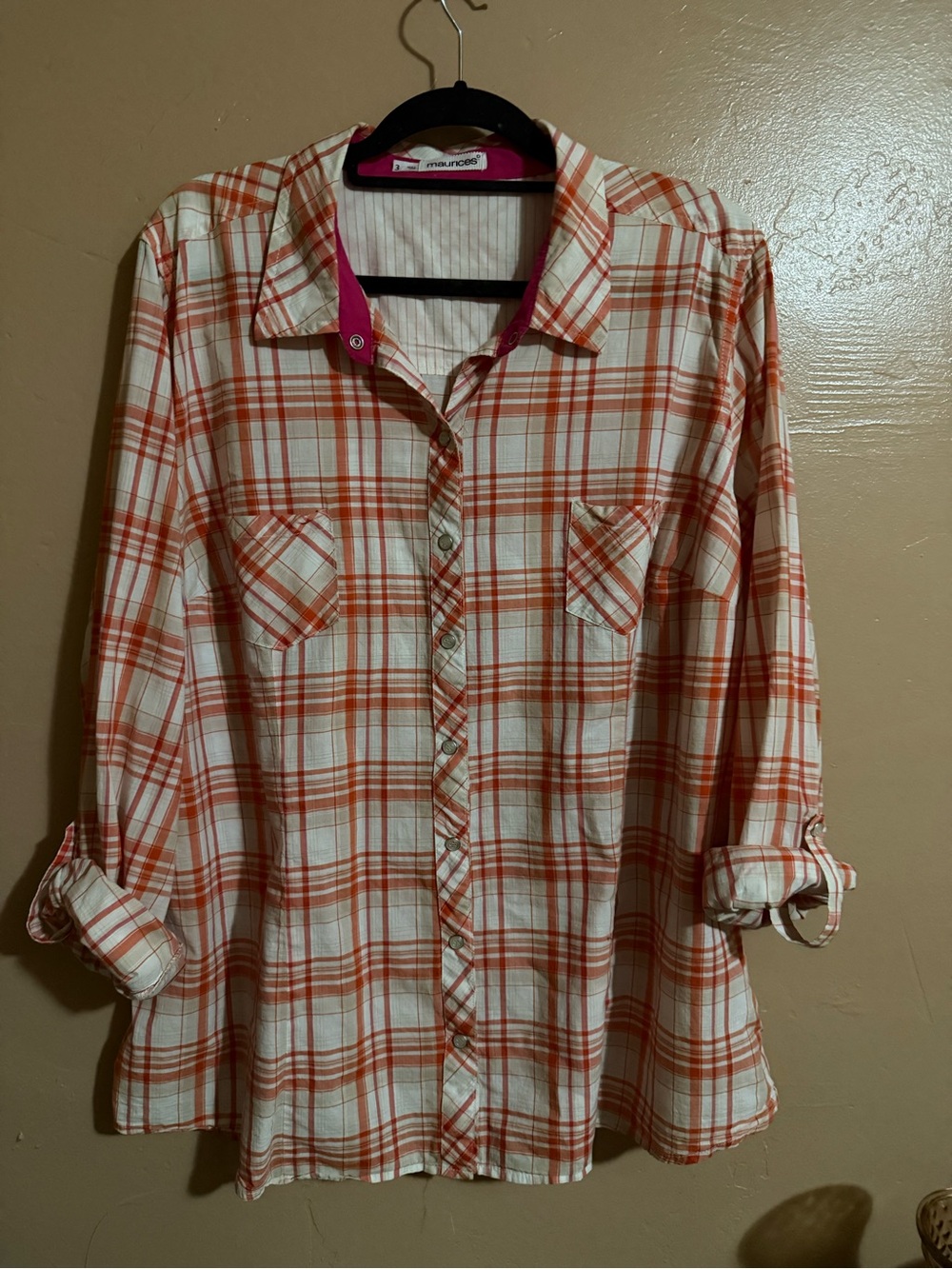 Maurices 3x like new  Orange and White Plaid Button-Down Shirt w snaps